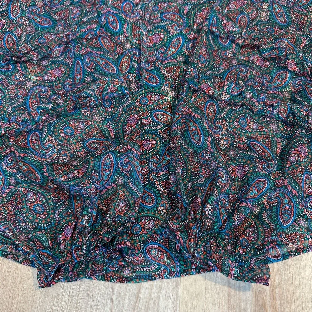 LOFT Women's Multicolor Shimmer Paisley Smocked Ruffle Tie Neck Blouse Sz M - Picture 10 of 13